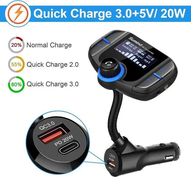 Alt view image 4 of 7 - Upgraded Bluetooth FM Transmitter, Wireless Radio Adapter Hands Free Car Kit with 1.7'' Display, QC3.0 and Smart 2.4Amp Dual USB Ports, AUX Input/Output, TF Card Mp3 Player (PD, Black)