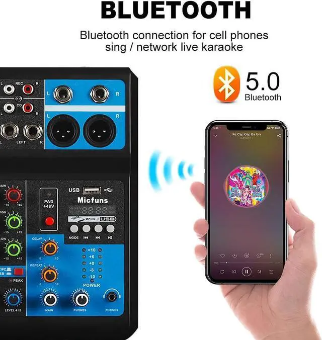 Alt view image 2 of 7 - Mini audio DJ mixer Sound Board Console System,5 Channel 48V Phantom Power with Bluetooth USB MP3 Stereo live DJ Studio Streaming for professional recording party KTV stage