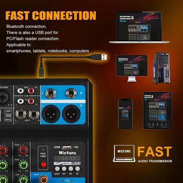 Alt view image 3 of 7 - Mini audio DJ mixer Sound Board Console System,5 Channel 48V Phantom Power with Bluetooth USB MP3 Stereo live DJ Studio Streaming for professional recording party KTV stage