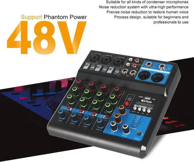 Alt view image 5 of 7 - Mini audio DJ mixer Sound Board Console System,5 Channel 48V Phantom Power with Bluetooth USB MP3 Stereo live DJ Studio Streaming for professional recording party KTV stage