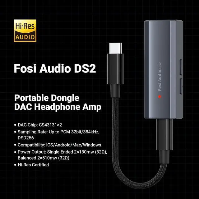 Alt view image 2 of 7 - Audio DS2 USB C to AUX Headphone Amp DAC Dongle 3.5mm Jack Audio Portable Amplifier Dual Output DSD256 4.4mm Balanced High Resolution CS43131 for iPhone 15 Pro Max Plus iPad Android Phone