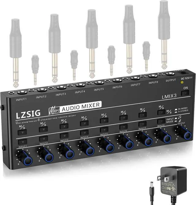 Main image of Audio Mixer, Stereo Line Mixer for Sub-Mixing, Ultra Low-Noise, 8-Channel, Dynamic Microphone Independent Control, 1/4" & 1/8" TRS Output and Input, for Guitars,Bass,Keyboards