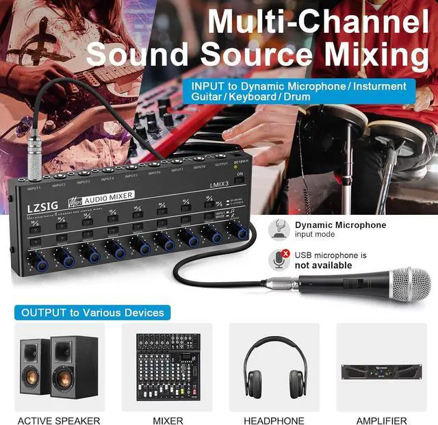 Alt view image 3 of 7 - Audio Mixer, Stereo Line Mixer for Sub-Mixing, Ultra Low-Noise, 8-Channel, Dynamic Microphone Independent Control, 1/4" & 1/8" TRS Output and Input, for Guitars,Bass,Keyboards