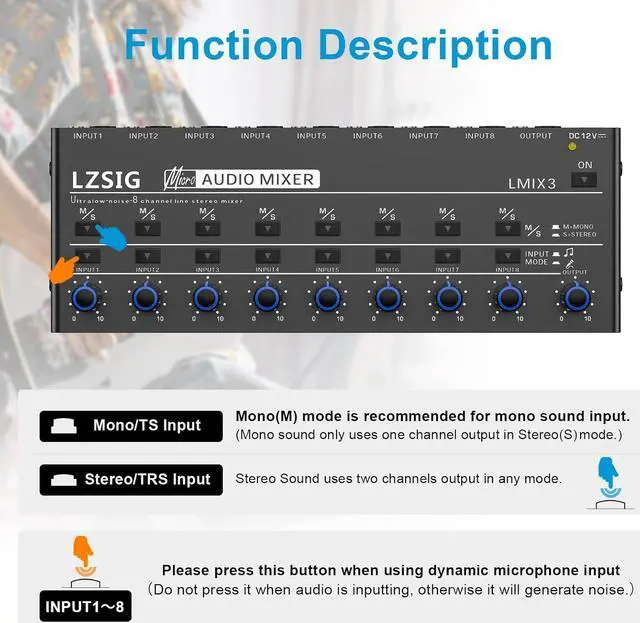 Alt view image 5 of 7 - Audio Mixer, Stereo Line Mixer for Sub-Mixing, Ultra Low-Noise, 8-Channel, Dynamic Microphone Independent Control, 1/4" & 1/8" TRS Output and Input, for Guitars,Bass,Keyboards