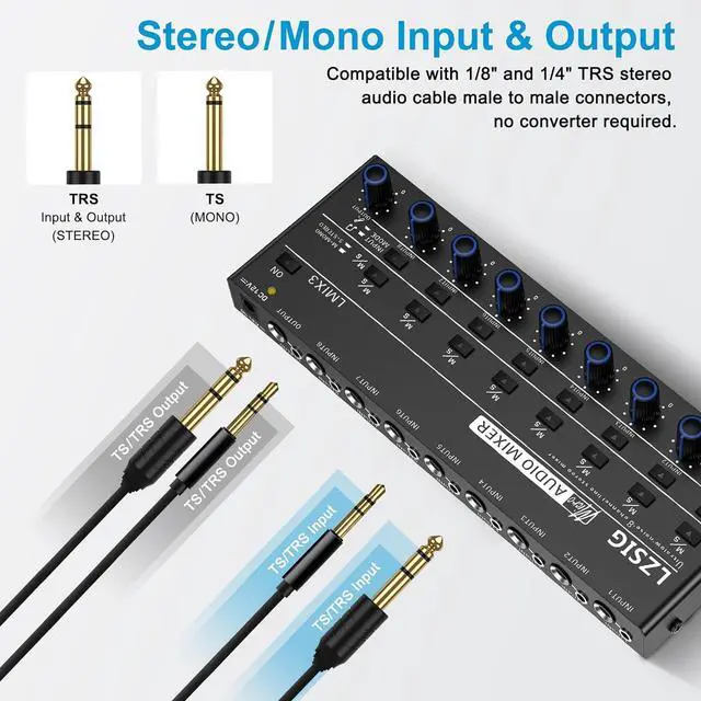 Alt view image 4 of 7 - Audio Mixer, Stereo Line Mixer for Sub-Mixing, Ultra Low-Noise, 8-Channel, Dynamic Microphone Independent Control, 1/4" & 1/8" TRS Output and Input, for Guitars,Bass,Keyboards