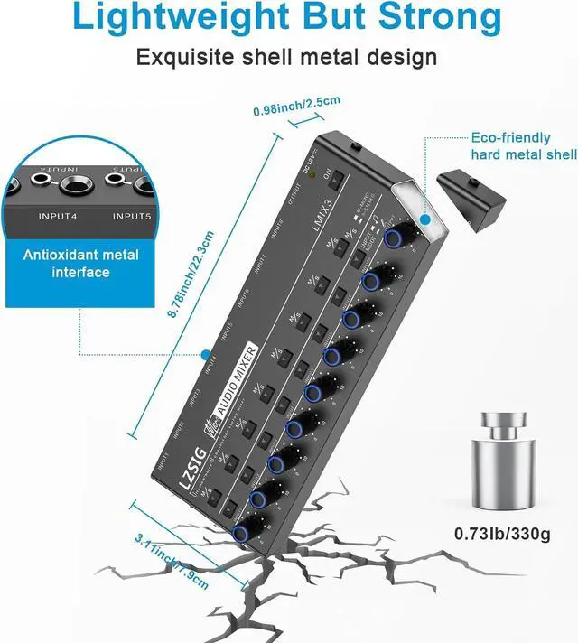 Alt view image 6 of 7 - Audio Mixer, Stereo Line Mixer for Sub-Mixing, Ultra Low-Noise, 8-Channel, Dynamic Microphone Independent Control, 1/4" & 1/8" TRS Output and Input, for Guitars,Bass,Keyboards