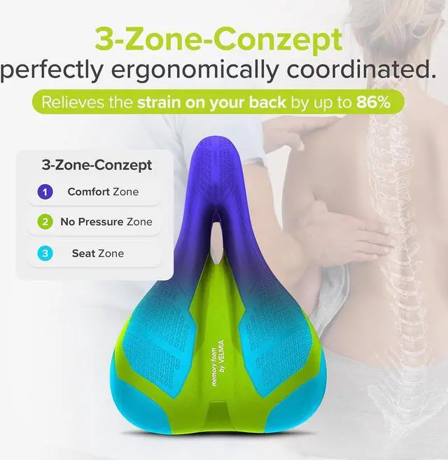 Alt view image 3 of 7 - VELMIA Bicycle Saddle - Comfortable Saddle for Men and Women - 3 Zone Concept - Waterproof Bicycle Seat with Ergonomic Design