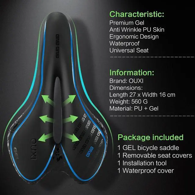 Alt view image 2 of 7 - OUXI Comfort Bike Seat Comfortable Gel Bicycle Saddle Replacement Soft Padded with Shock Absorbing Waterproof for MTB Mountain Bike Road Bike Exercise Bike Men Women and Ladies