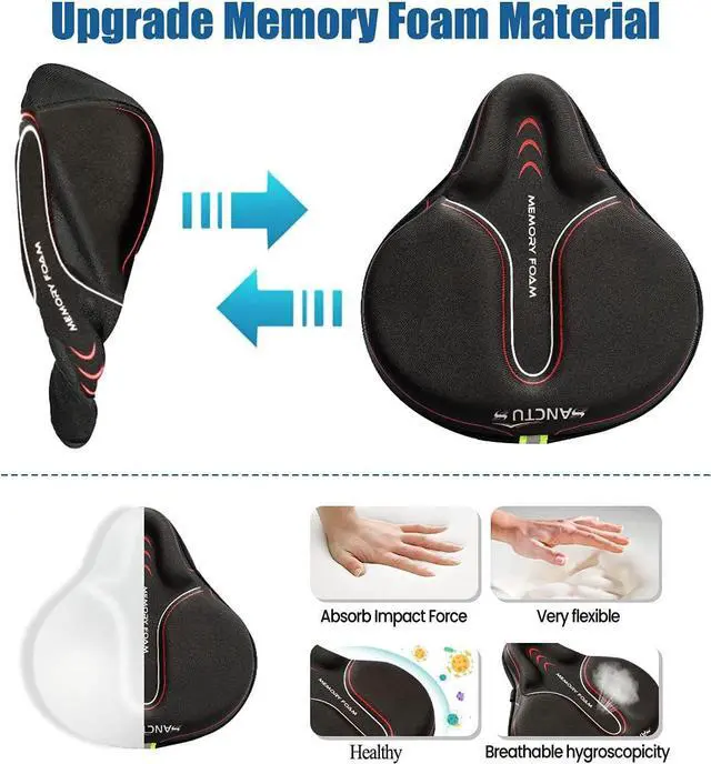 Alt view image 2 of 6 - Bike Seat Cushion Cover Memory Foam, Large Wide Bicycle Saddle Soft for Men Women, Comfort Exercise Cycle Seats Cover Padded Fits Stationary Bikes, Cruiser, Spin, with Waterproof Cover