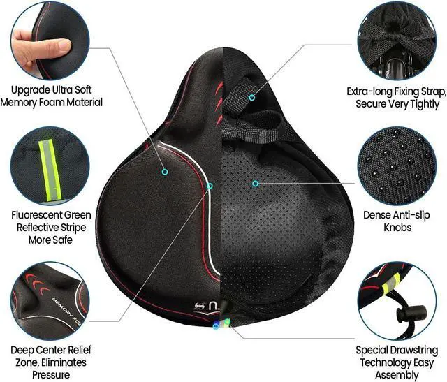 Alt view image 4 of 6 - Bike Seat Cushion Cover Memory Foam, Large Wide Bicycle Saddle Soft for Men Women, Comfort Exercise Cycle Seats Cover Padded Fits Stationary Bikes, Cruiser, Spin, with Waterproof Cover