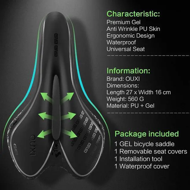 Alt view image 2 of 7 - OUXI Comfort Bike Seat Comfortable Gel Bicycle Saddle Replacement Soft Padded with Shock Absorbing Waterproof for MTB Mountain Bike Road Bike Exercise Bike Men Women and Ladies