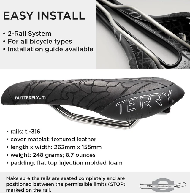 Alt view image 6 of 6 - Terry Bike Saddle Womens Butterfly Ti Saddle, Bicycle Seat for Women - Comfortable Flat Top Textured Leather Cover Bike Seat