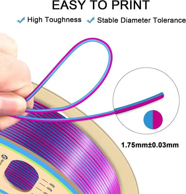 Alt view image 4 of 6 - YOUSU Silk PLA Filament 1.75mm, 3D Printer Filament Dual Color Coextrusion Filament Silk Rose-Red Blue Color Change PLA, Compatible with Most of 3D Printer.