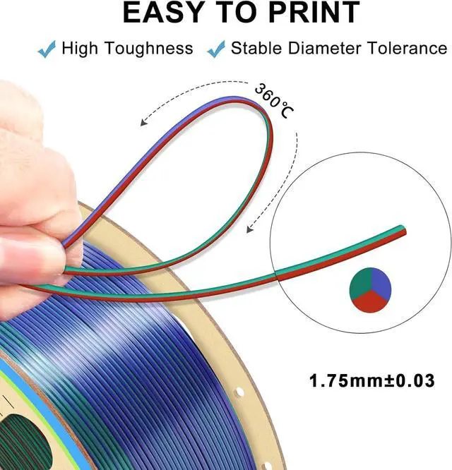 Alt view image 2 of 6 - YOUSU 3D Printer Filament 1.75mm,Tri-Colors PLA Filament,Shiny Silk Coextruded PLA, Silk Green Purple Copper Filament, 1kg/2.2lbs