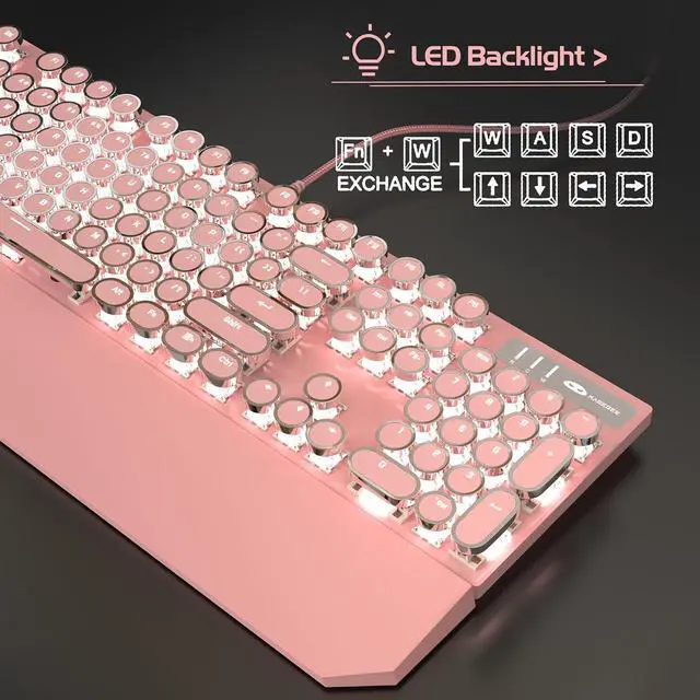 Alt view image 5 of 7 - MageGee Typewriter Mechanical Gaming Keyboard, Retro Punk Pink Round Keycaps, 104 Keys LED White Backlit Wired Keyboards for Laptop MAC PC Gamer, with Magnetic Wrist Rest, Blue Switch