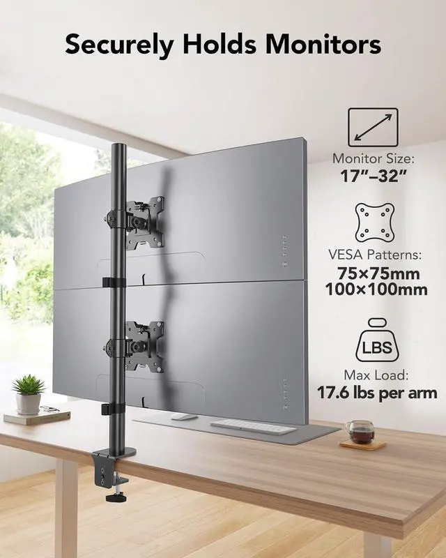 Alt view image 2 of 7 - HUANUO Vertical Dual Monitor Mount, Stacked Monitor Stand for 2 Monitors with Height Adjustment Computer Monitor Arm Supports Two 17 to 32 Inch with C Clamp Each Desk Mount Hold up to 17.6lbs