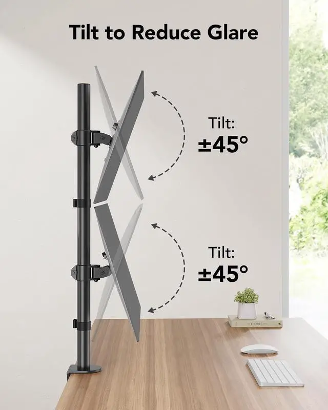 Alt view image 3 of 7 - HUANUO Vertical Dual Monitor Mount, Stacked Monitor Stand for 2 Monitors with Height Adjustment Computer Monitor Arm Supports Two 17 to 32 Inch with C Clamp Each Desk Mount Hold up to 17.6lbs