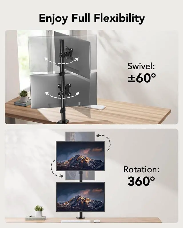 Alt view image 4 of 7 - HUANUO Vertical Dual Monitor Mount, Stacked Monitor Stand for 2 Monitors with Height Adjustment Computer Monitor Arm Supports Two 17 to 32 Inch with C Clamp Each Desk Mount Hold up to 17.6lbs