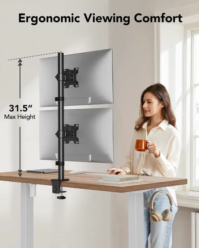 Alt view image 5 of 7 - HUANUO Vertical Dual Monitor Mount, Stacked Monitor Stand for 2 Monitors with Height Adjustment Computer Monitor Arm Supports Two 17 to 32 Inch with C Clamp Each Desk Mount Hold up to 17.6lbs
