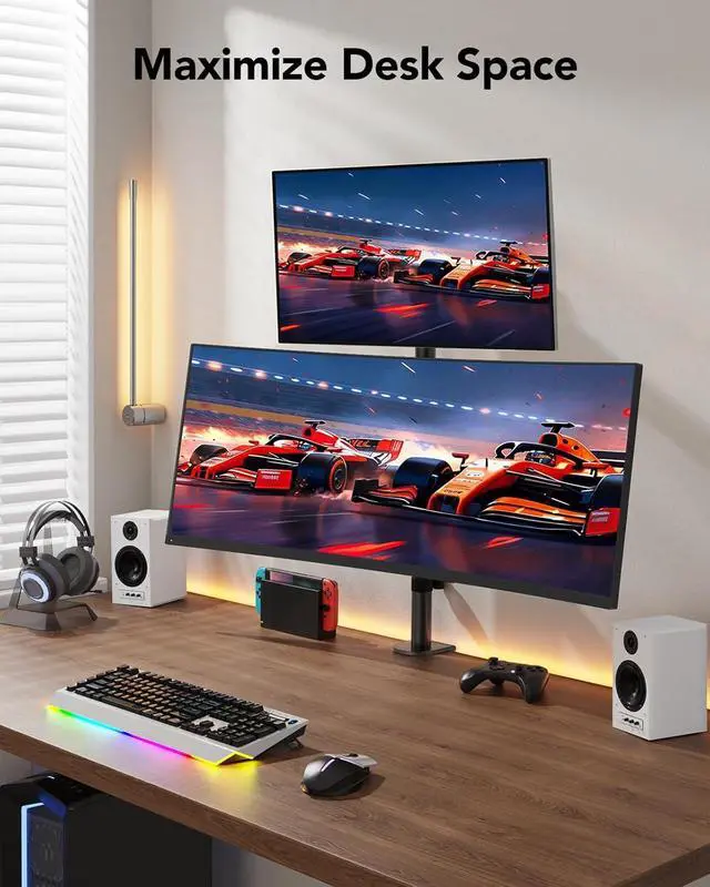 Alt view image 6 of 7 - HUANUO Vertical Dual Monitor Mount, Stacked Monitor Stand for 2 Monitors with Height Adjustment Computer Monitor Arm Supports Two 17 to 32 Inch with C Clamp Each Desk Mount Hold up to 17.6lbs
