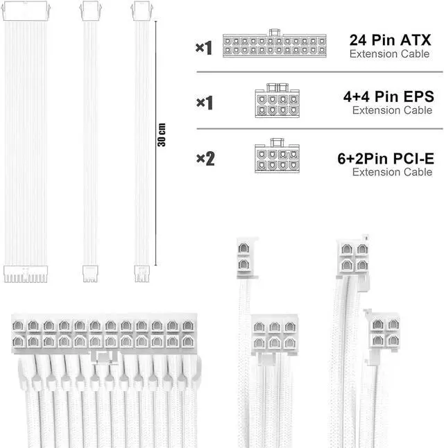 Alt view image 2 of 5 - PSU Cable Extension Kit 30CM Length with Cable Combs 1x24Pin/1x8Pin(4+4) EPS/2x8Pin(6P+2P) PCI-E/PC Sleeved Cable for ATX Power Supply(White)