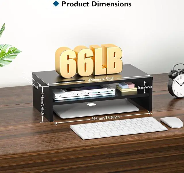 Alt view image 4 of 7 - BONTEC Wooden Monitor Stand Riser, 2-Tier Desk Shelf with Storage Organizer, Ergonomic Computer Stand with Cable Management, Cellphone Holder, Black, 16.5 Inch