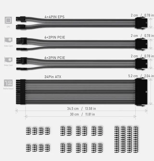 Alt view image 2 of 7 - EZDIY-FAB PSU Extension Cable Sleeved Custom Mod PC Power Supply Cable, Soft Nylon Braided with Comb Kit 24PIN/8PIN to 6+2Pin/ 8PIN to 4+4PIN-30CM 300MM - Black Grey