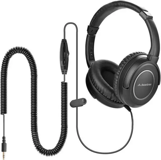 Main image of Avantree HF039 Long Coiled Cord Headphones for TV and PC with Volume Control, Stero/Mono Control,16.4 Feet / 5M Extended Range Cable, 3.5mm AUX Audio, Stereo Sound Spiral Wired Over Ear Headphones