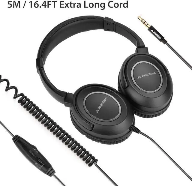Alt view image 2 of 7 - Avantree HF039 Long Coiled Cord Headphones for TV and PC with Volume Control, Stero/Mono Control,16.4 Feet / 5M Extended Range Cable, 3.5mm AUX Audio, Stereo Sound Spiral Wired Over Ear Headphones