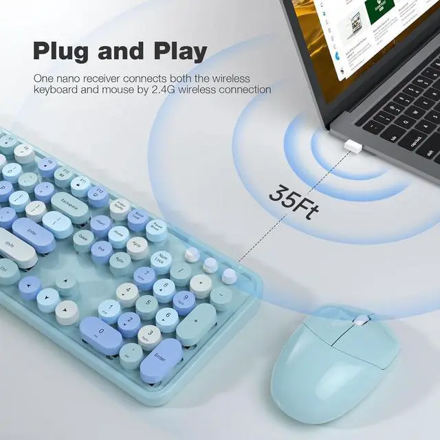 Alt view image 2 of 7 - MOFII Wireless Keyboard and Mouse Combo, Blue Retro Keyboard with Round Keycaps, 2.4GHz Dropout-Free Connection, Cute Wireless Mouse for PC/Laptop/Mac/Windows XP/7/8/10 (Blue-Colorful)