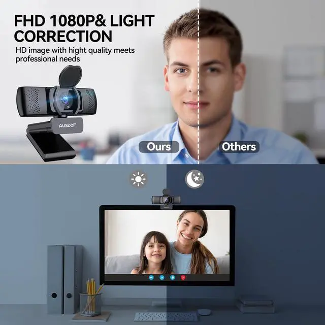 Alt view image 2 of 7 - AUSDOM AF640 1080P Webcam with Microphone, 90°FOV USB PC Camera Webcam with Privacy Cover, Plug and Play Computer Camera for Online Calling/Conferencing, Zoom/Skype/YouTube, Laptop/PC
