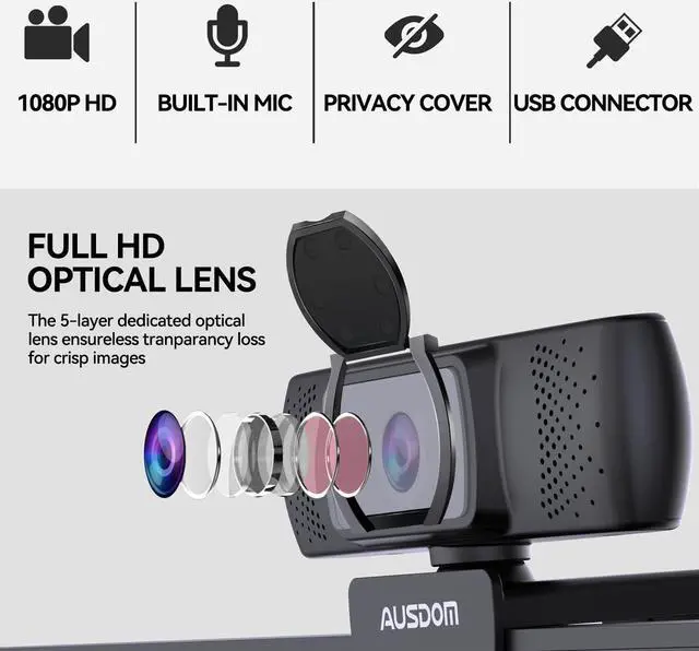Alt view image 4 of 7 - AUSDOM AF640 1080P Webcam with Microphone, 90°FOV USB PC Camera Webcam with Privacy Cover, Plug and Play Computer Camera for Online Calling/Conferencing, Zoom/Skype/YouTube, Laptop/PC