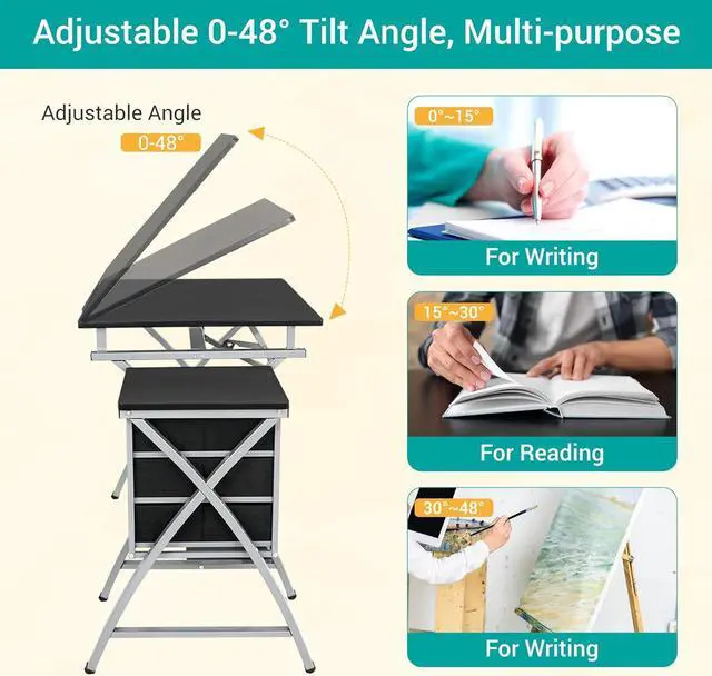 Alt view image 3 of 7 - HomGarde MDF Drawing Drafting Table Art & Craft Drafting Desk Hobby Folding Adjustable Craft Table Station w/Stool and 3 Storage Drawers