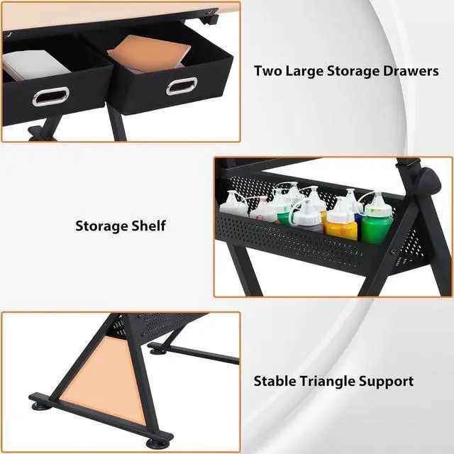 Alt view image 6 of 7 - Drafting Table with Stool, Height Adjustable Tilting Tabletop Art Desk with Storage Drawer, Artist Sketching Work Station for Drawing, Writing, Home Office