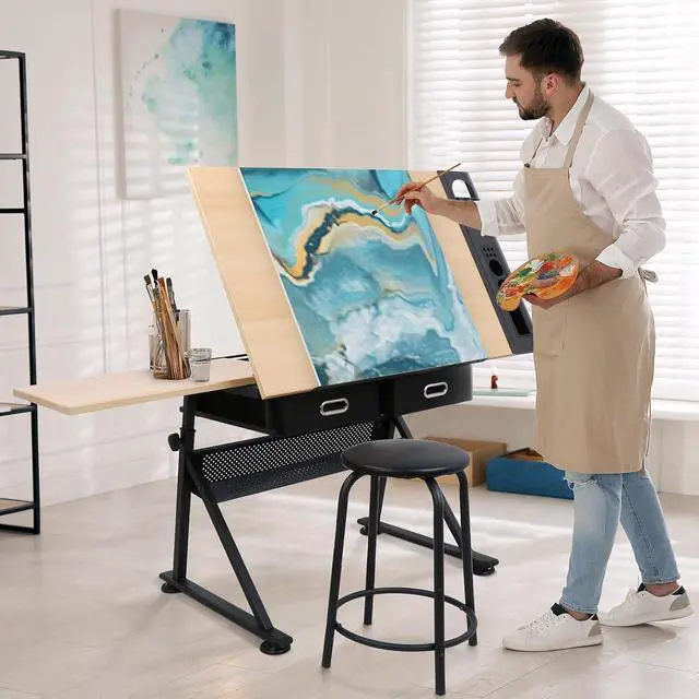 Alt view image 2 of 7 - Drafting Table with Stool, Height Adjustable Tilting Tabletop Art Desk with Storage Drawer, Artist Sketching Work Station for Drawing, Writing, Home Office