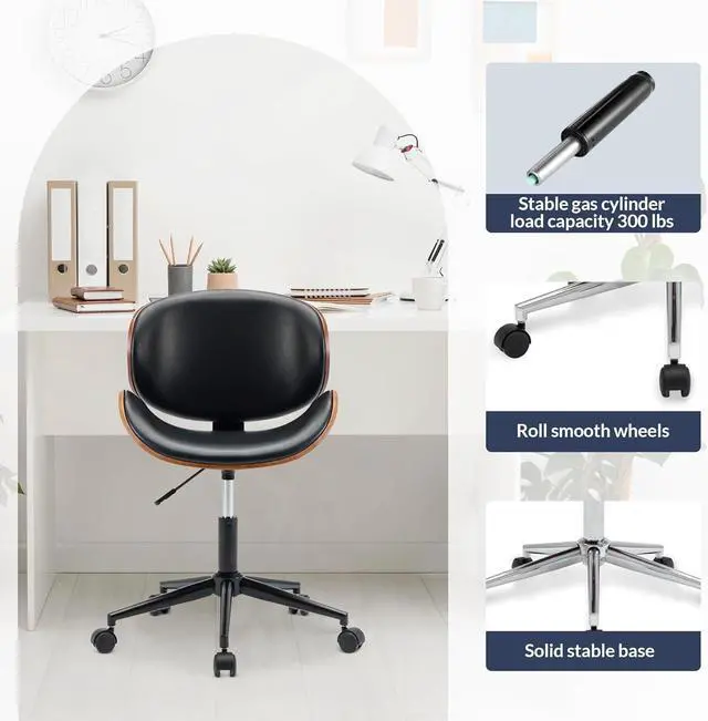 Alt view image 6 of 7 - BELLEZE Mid Century Modern Shell Chair, Classic Tripod Design Walnut Plywood Faux Leather Upholstered Lounge Armless Chair for Living Room Reading Lounge,Black