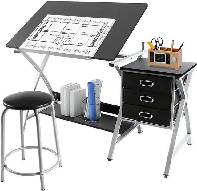 Main image of Yaheetech Drafting Desk, Drawing Table for Artists/Adults, Art Desk w/Stool and 3 Slide Drawers, Painting Studio Design Work Station, Adjustable Tabletop, Modern, 50.5 x 24 x 45 inch