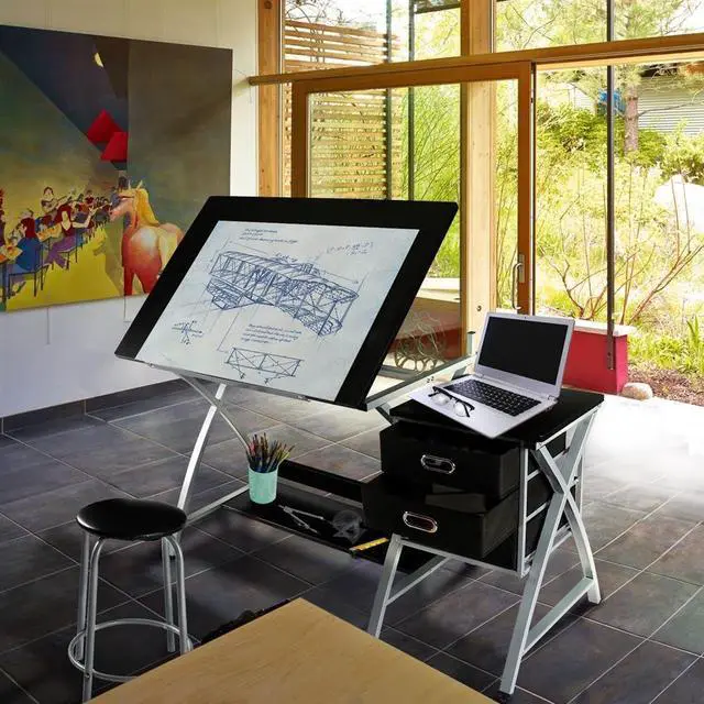 Alt view image 2 of 7 - Yaheetech Drafting Desk, Drawing Table for Artists/Adults, Art Desk w/Stool and 3 Slide Drawers, Painting Studio Design Work Station, Adjustable Tabletop, Modern, 50.5 x 24 x 45 inch