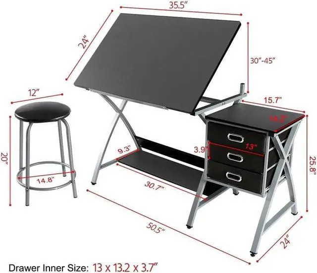 Alt view image 3 of 7 - Yaheetech Drafting Desk, Drawing Table for Artists/Adults, Art Desk w/Stool and 3 Slide Drawers, Painting Studio Design Work Station, Adjustable Tabletop, Modern, 50.5 x 24 x 45 inch
