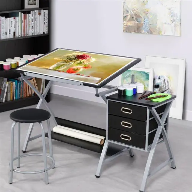 Alt view image 4 of 7 - Yaheetech Drafting Desk, Drawing Table for Artists/Adults, Art Desk w/Stool and 3 Slide Drawers, Painting Studio Design Work Station, Adjustable Tabletop, Modern, 50.5 x 24 x 45 inch