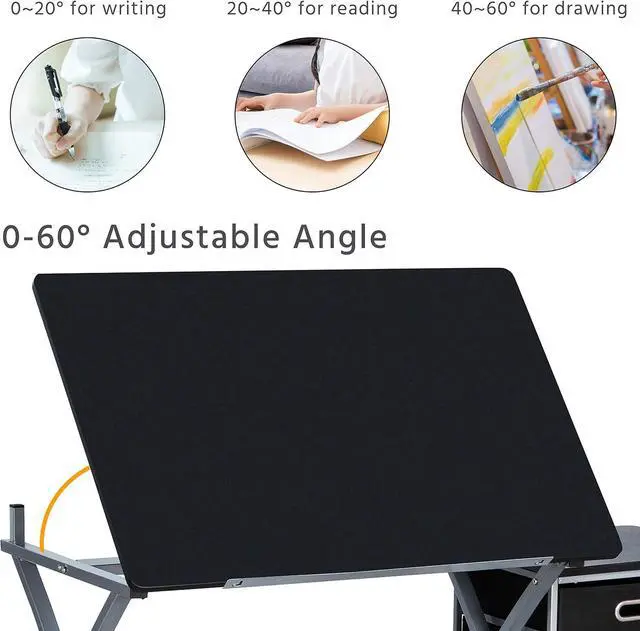 Alt view image 6 of 7 - Yaheetech Drafting Desk, Drawing Table for Artists/Adults, Art Desk w/Stool and 3 Slide Drawers, Painting Studio Design Work Station, Adjustable Tabletop, Modern, 50.5 x 24 x 45 inch