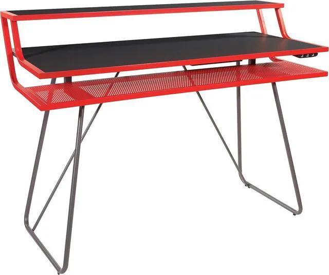 Main image of OSP Home Furnishings Glitch Battlestation Gaming Desk with Bluetooth RGB LED Lights, Red