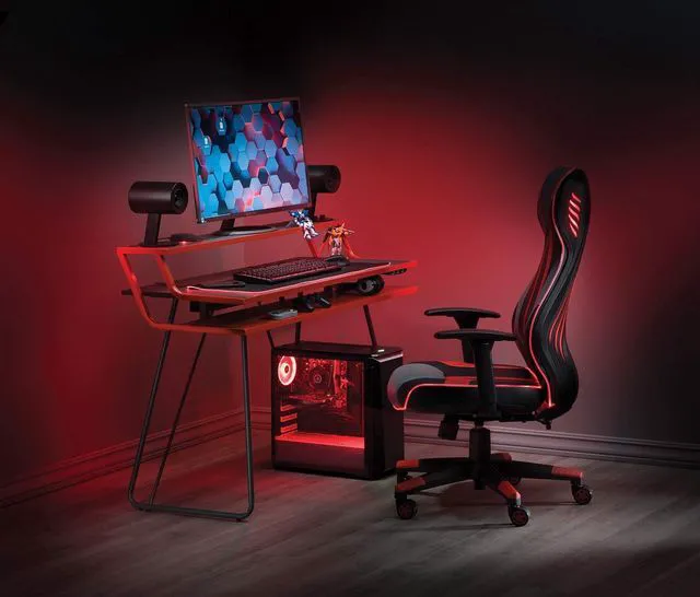 Alt view image 2 of 7 - OSP Home Furnishings Glitch Battlestation Gaming Desk with Bluetooth RGB LED Lights, Red