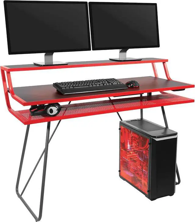 Alt view image 5 of 7 - OSP Home Furnishings Glitch Battlestation Gaming Desk with Bluetooth RGB LED Lights, Red