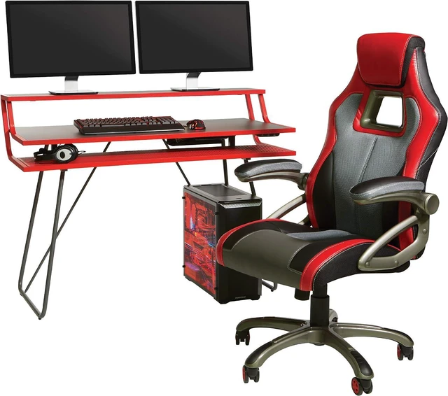 Alt view image 6 of 7 - OSP Home Furnishings Glitch Battlestation Gaming Desk with Bluetooth RGB LED Lights, Red