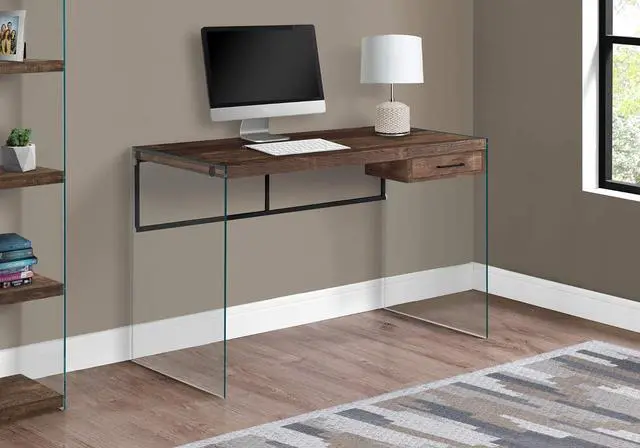 Alt view image 2 of 5 - Monarch Specialties Computer Desk - Contemporary Writing Desk with Drawer - Tempered Glass Legs - 48"L (Brown Reclaimed Wood Look)