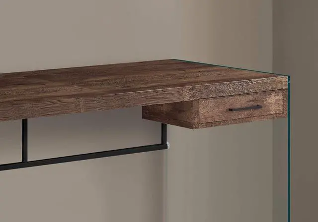 Alt view image 3 of 5 - Monarch Specialties Computer Desk - Contemporary Writing Desk with Drawer - Tempered Glass Legs - 48"L (Brown Reclaimed Wood Look)