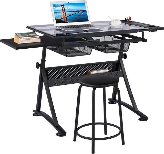 Alt view image 4 of 7 - Yaheetech Drawing Table, Art Craft Desk with Adjustable Tabletop, Painters/Artist Work Station, Study Table with Stool, Tempered Glass Top