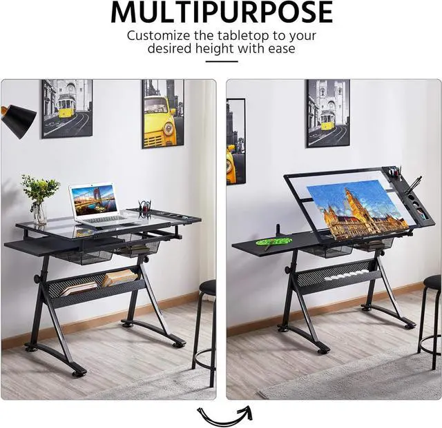 Alt view image 4 of 7 - Topeakmart Height Adjustable Drafting Desk Artist Drawing Table Tilted Tabletop Art Desk Work Station w/2 Storage Drawers and Stool for Home Office