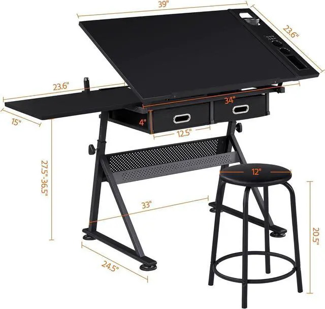Alt view image 3 of 7 - Yaheetech Art Craft Table Drawing Table Height Adjustable Drafting Desk Work Station with Tiltable Tabletop w/Stool and 2 Storage Drawers for Reading, Writing,Studying